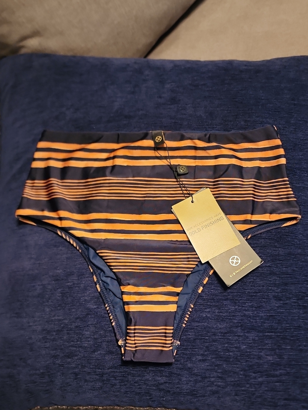 NEW! Vix Paula Hermanny Navy & Rust Stripes Isabella High Rise Bikini Bottoms